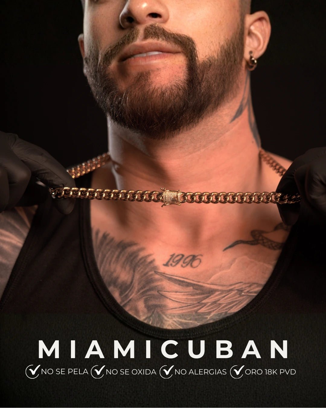 Cadena cubana Miami de 10 mm en acero quirúrgico 316L con enchape de oro 18K